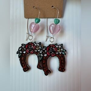 Floral Horseshoe Patch Earrings with Heart Beads
